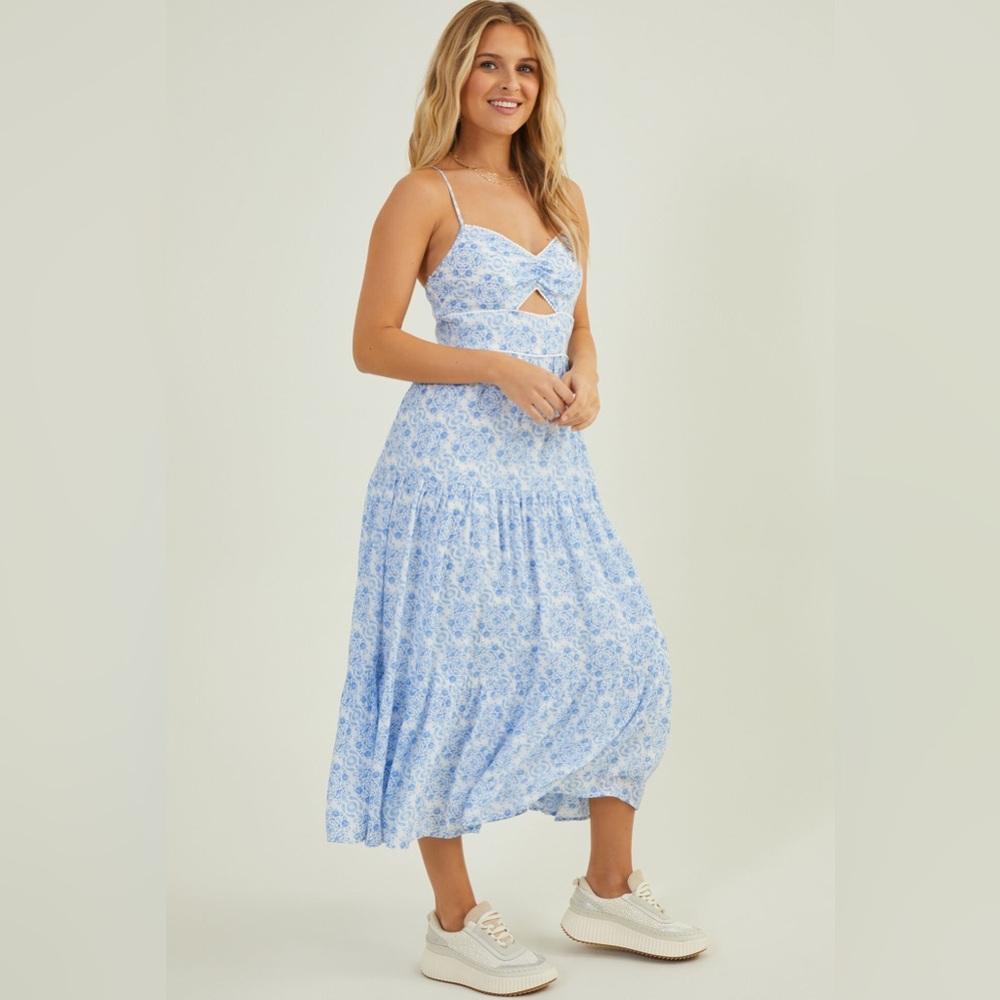 Blue Floral Cut Out Maxi Dress